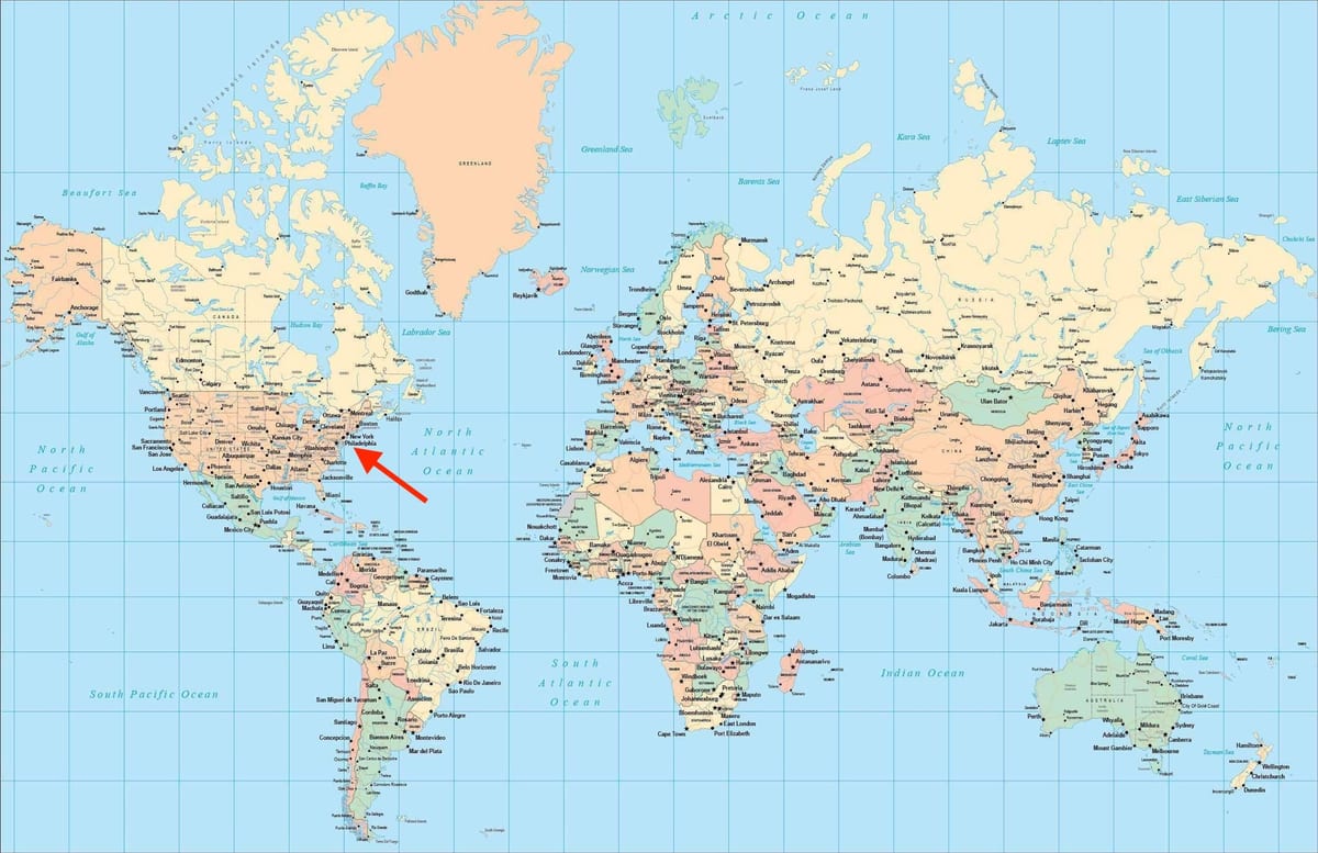 世界地図上のフィラデルフィアの位置